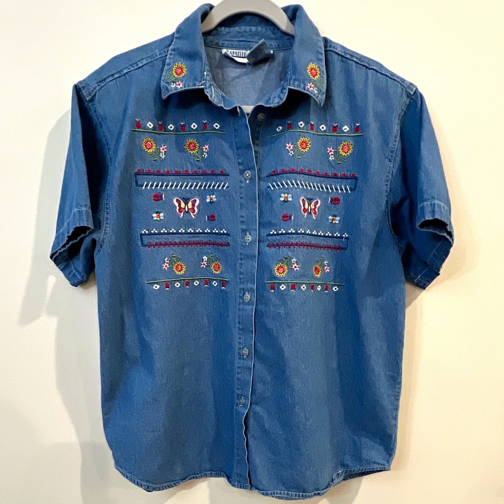 Capacity Shirt XL Blue Denim Short Sleeve Button Up Embroidered Floral